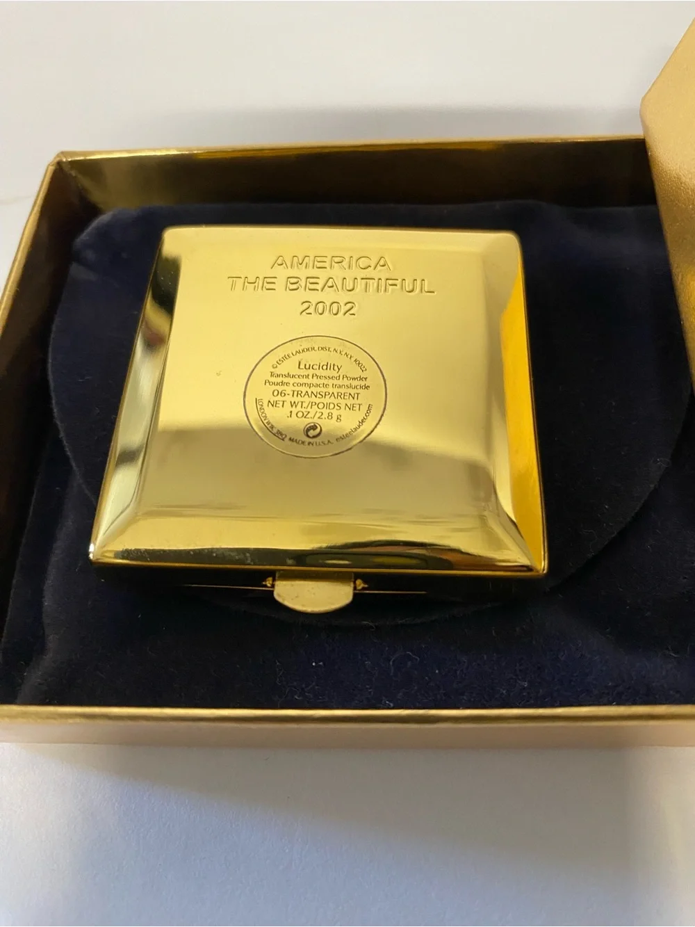 Estee Lauder Gold Compact with Red, White, Blue Enamel Flag Design